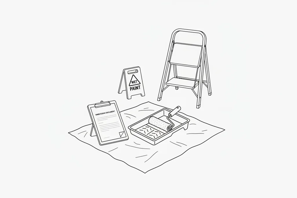 Black line-art of a roller tray and roller on a dust sheet beside a wet-paint caution sign and a step stool, illustrating anti-slip floor coating work.