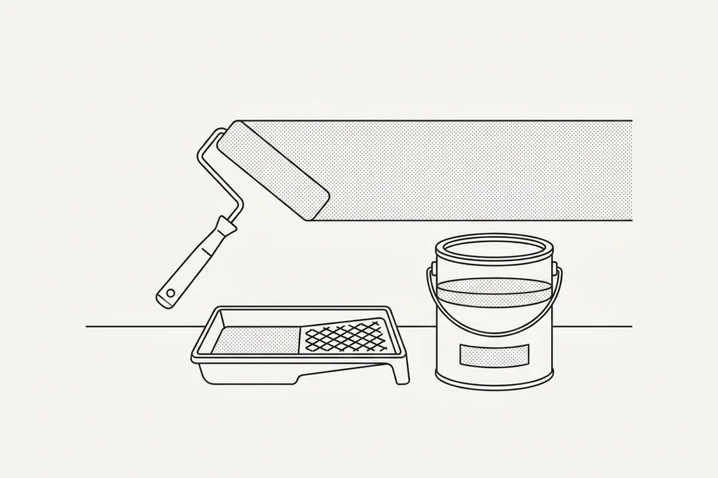 Line drawing of a decorator rolling emulsion onto a wall with paint tins and a roller tray nearby
