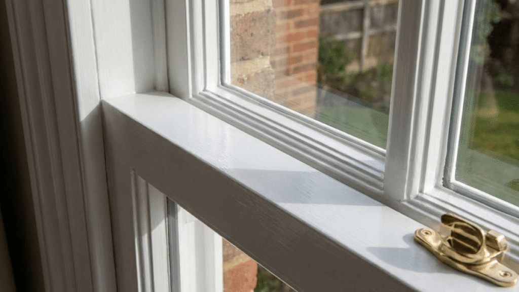 Close-up of a white-painted wooden sash window with a brass catch, finished with the best exterior paint for Surrey climate, showing part of a brick building and garden outside.