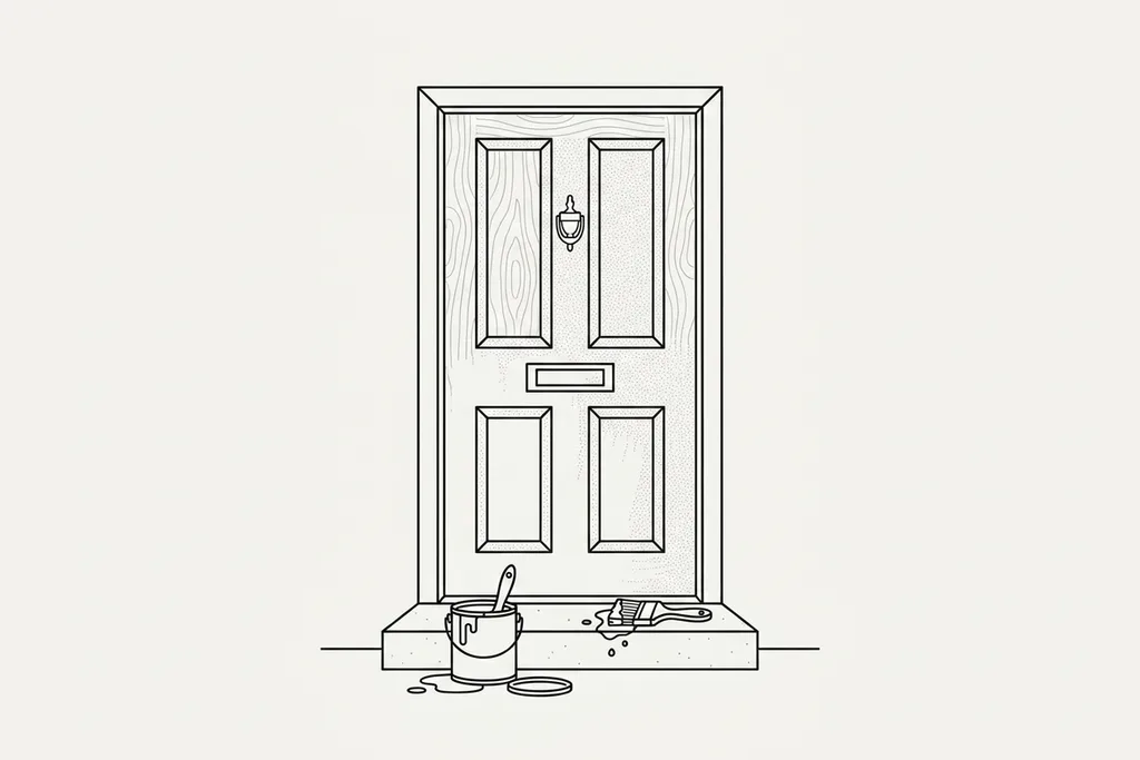 A freshly painted timber front door on a Surrey home with a paintbrush and tin alongside