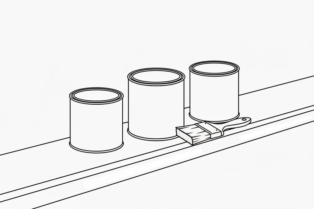 Black line-art of three paint tins of increasing size beside a brush on a windowsill, illustrating how the scale of a job affects painting costs.