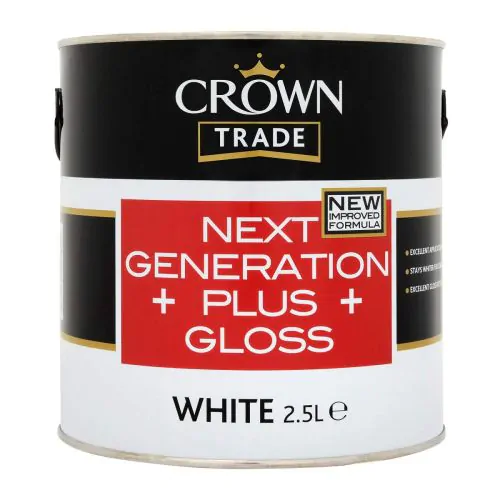 A 2.5L can of Crown Trade paint, labeled "Next Generation Plus Gloss White," featuring a new improved formula and benefits like excellent opacity and stain resistance.