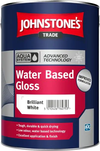 A can of Johnstone's Trade water-based gloss paint in Brilliant White, featuring labels for advanced technology and improved formulation, highlighting toughness, durability, and quick drying.