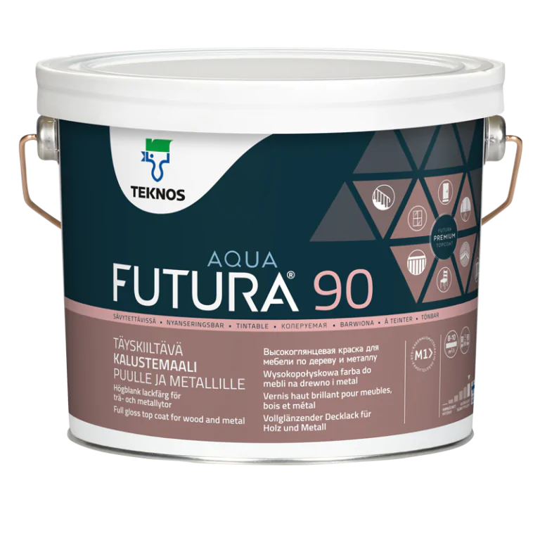 A Teknos Aqua Futura 90 paint can with multilingual labels, featuring a glossy furniture and metal paint in a light color.