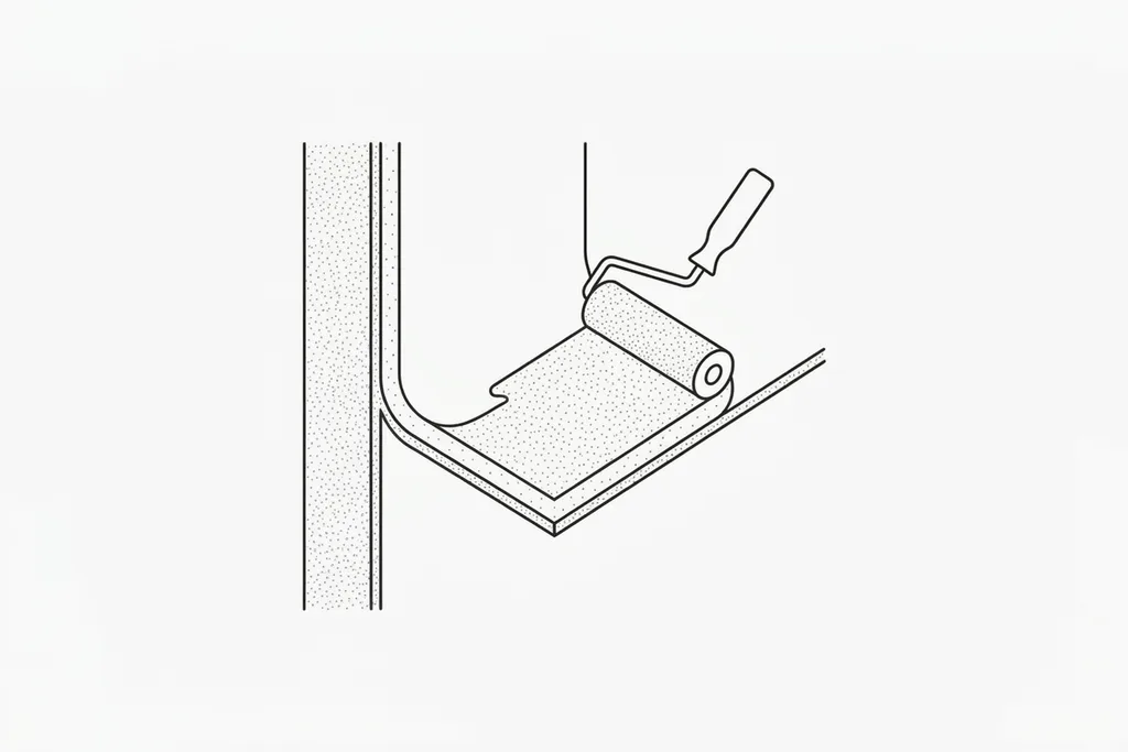 Line drawing of a decorator applying a second coat of emulsion to a wall with a roller