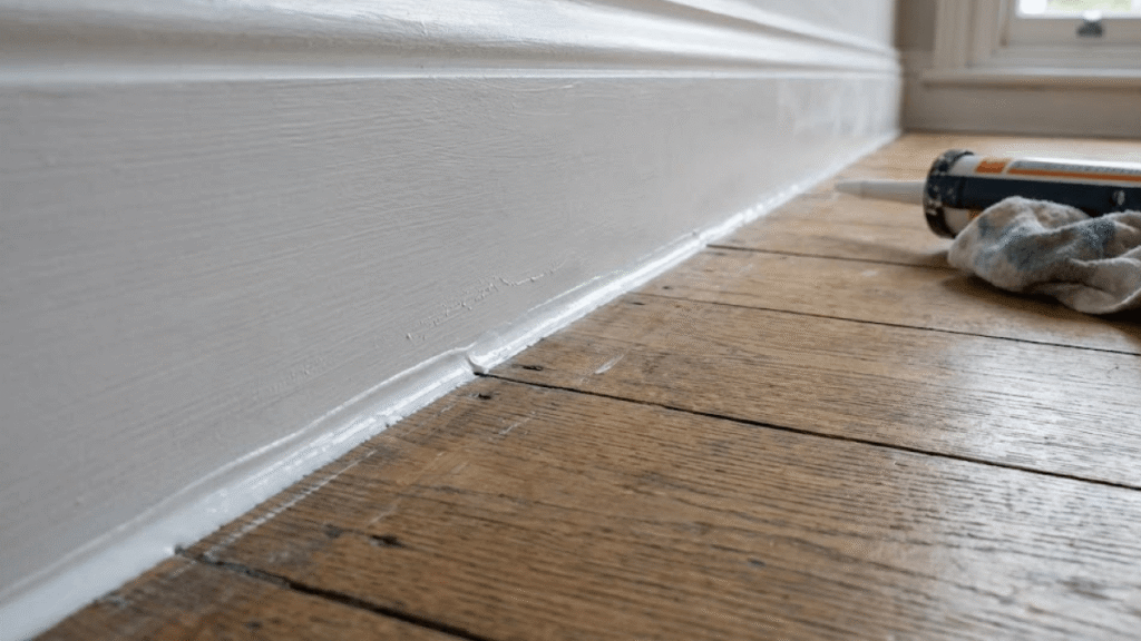 Close-up of a freshly caulked joint where a white skirting board meets a wooden floor, with a caulking gun and cloth alongside, sealing draughts before painting.