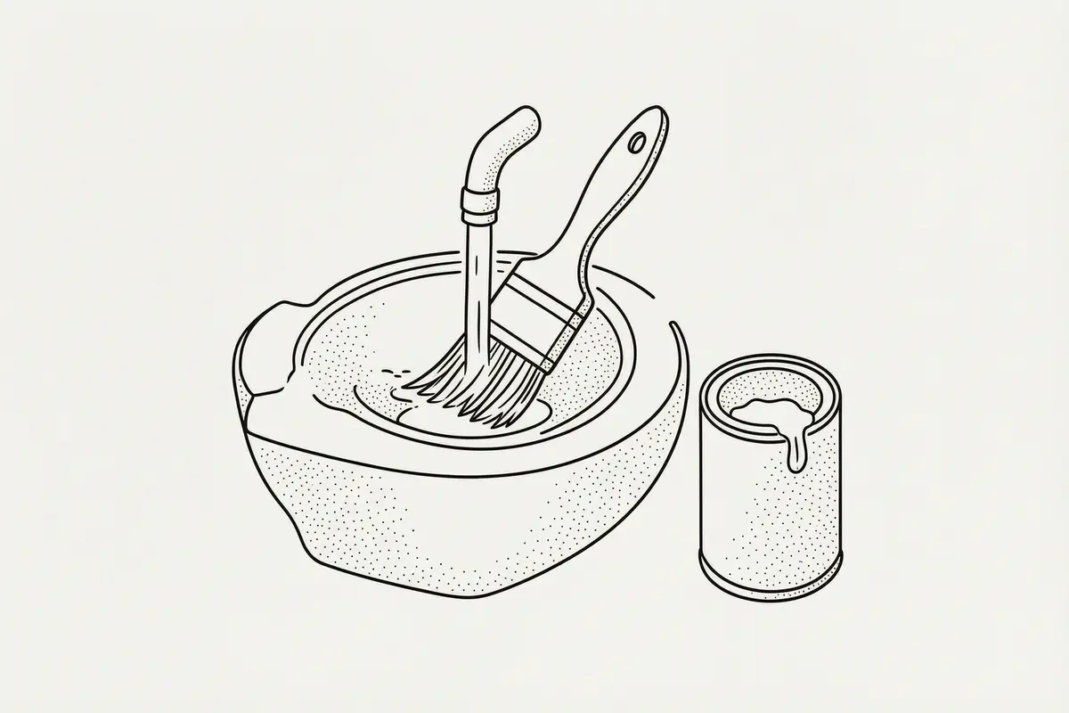 Line drawing of a paint brush being rinsed in a basin with a paint tin beside it
