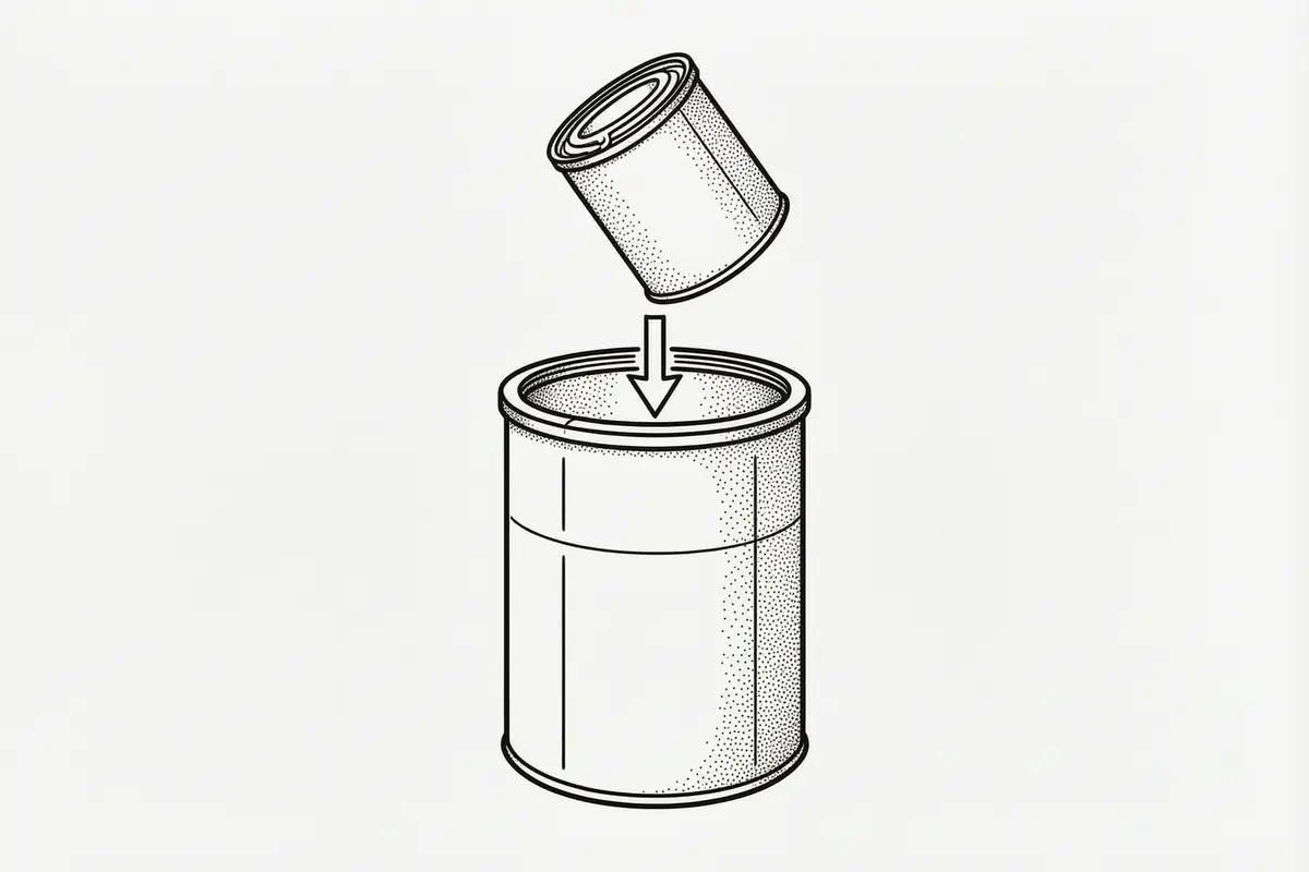 Line drawing of a paint tin being lowered into a chemical waste container
