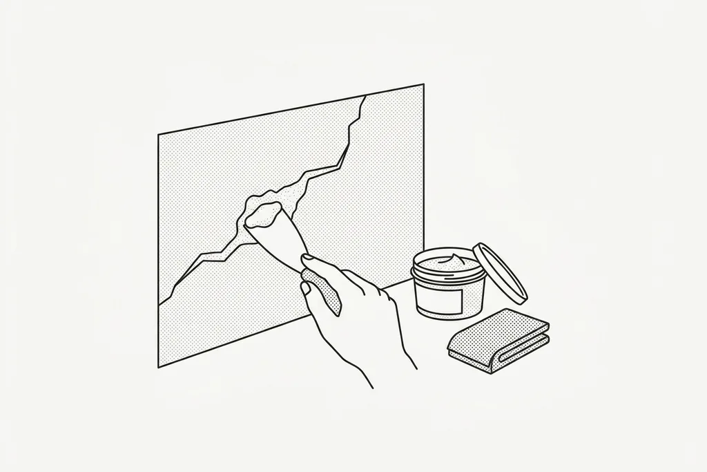 A decorator raking out and filling a hairline crack in a plaster wall with a filling knife