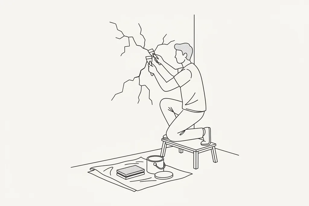 Black line-art of a decorator on a step stool scraping cracked, flaking paint off a wall, with a paint tin and sanding block on a dust sheet below.