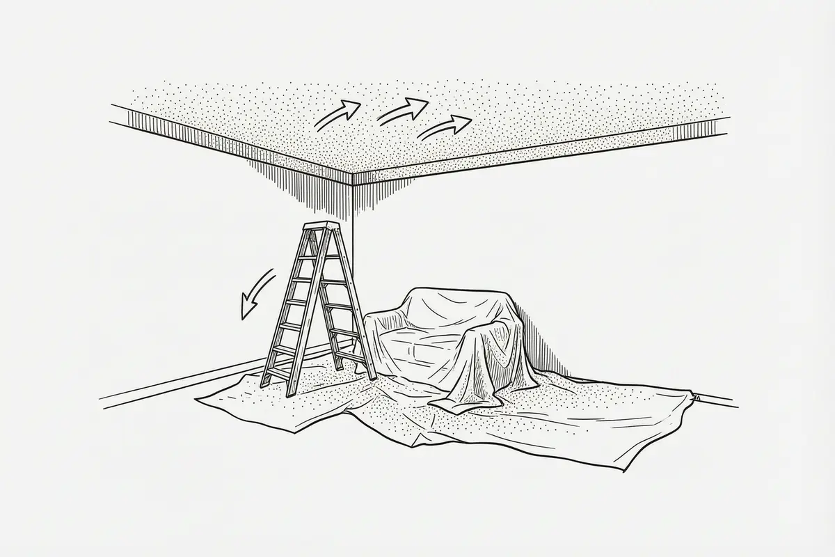 Diagram of a room prepared for painting a ceiling: furniture grouped in the centre under a dust sheet, dust sheets run across the floor, a stepladder against one wall