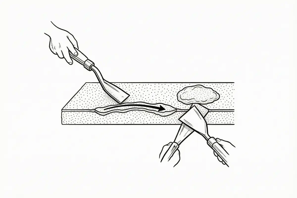 Cutaway diagram of a ceiling crack being filled: a filling knife pressing filler into a hairline crack, with a second knife spot-priming the dried patch beside it