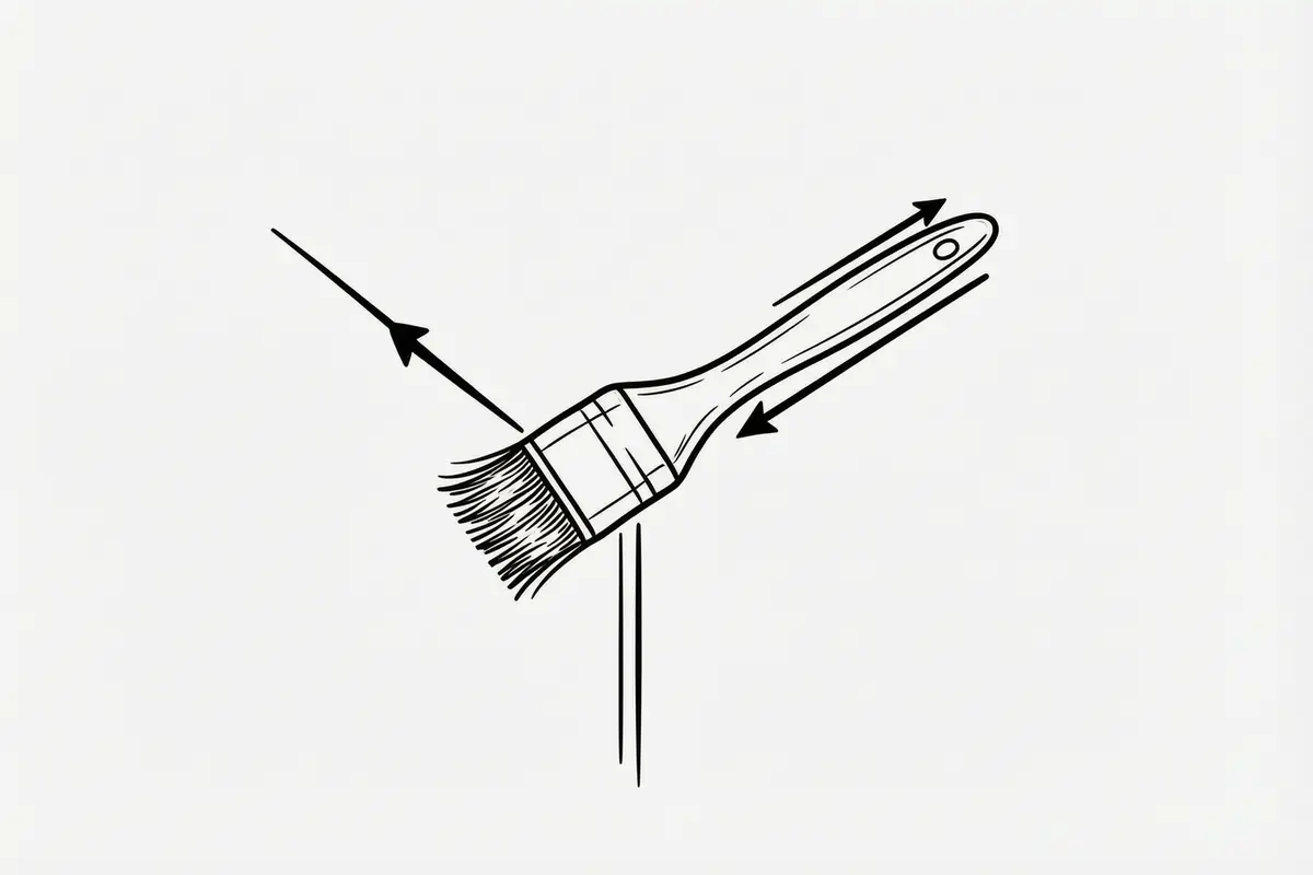 Diagram of an angled brush cutting in along the junction where a wall meets a ceiling, the brush held at a shallow angle, a bold arrow running along the line