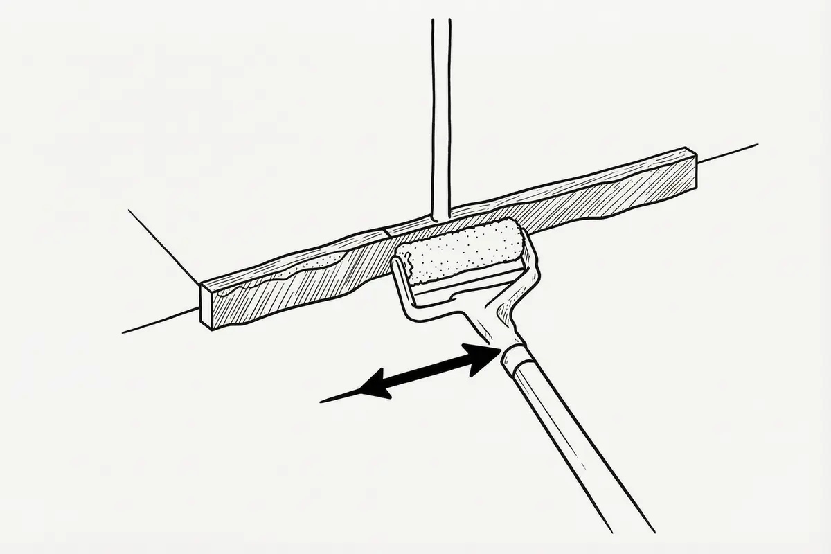 Diagram of a roller on an extension pole rolling a ceiling in a straight strip, a bold arrow showing the direction of the pass, the previous strip still wet beside it