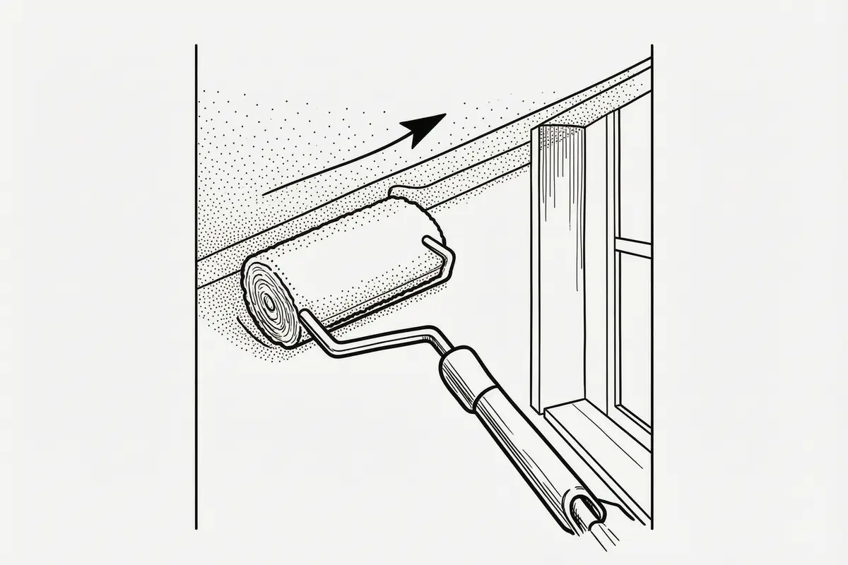 Diagram of a roller finishing a ceiling with a final pass running toward a window, an arrow pointing from the roller toward the light source