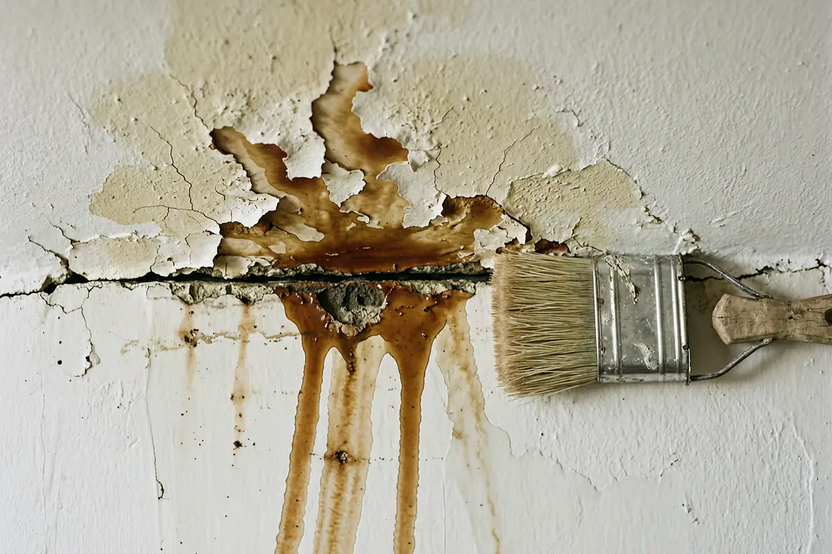 A close-up of a brown water stain spreading across a white painted ceiling, the plaster around it slightly discoloured