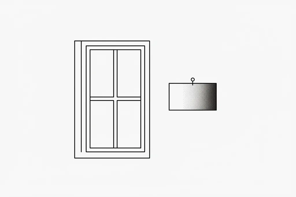 Black line-art of a window beside a paint swatch shaded from dark to light, illustrating painting over a dark wall with a lighter colour.