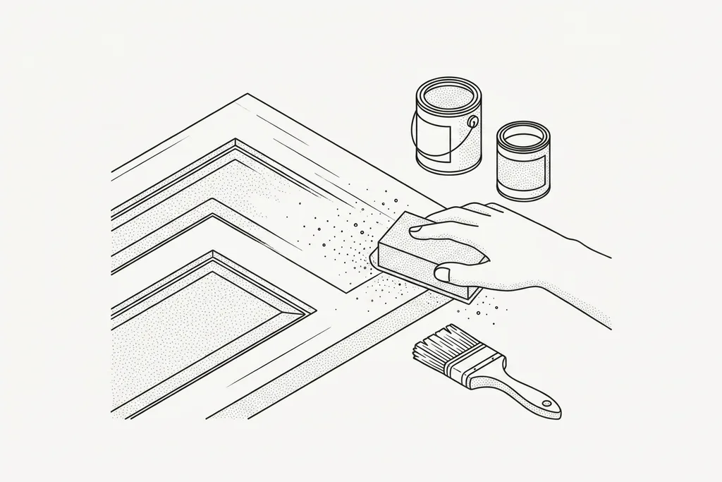 Line-art illustration of a painter sanding a glossy skirting board before repainting