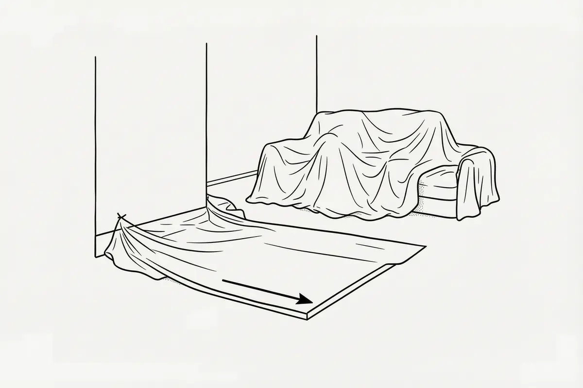 Diagram of a room cleared for painting skirting: furniture grouped in the centre under a sheet, a dust sheet run along the wall lapping under the skirting