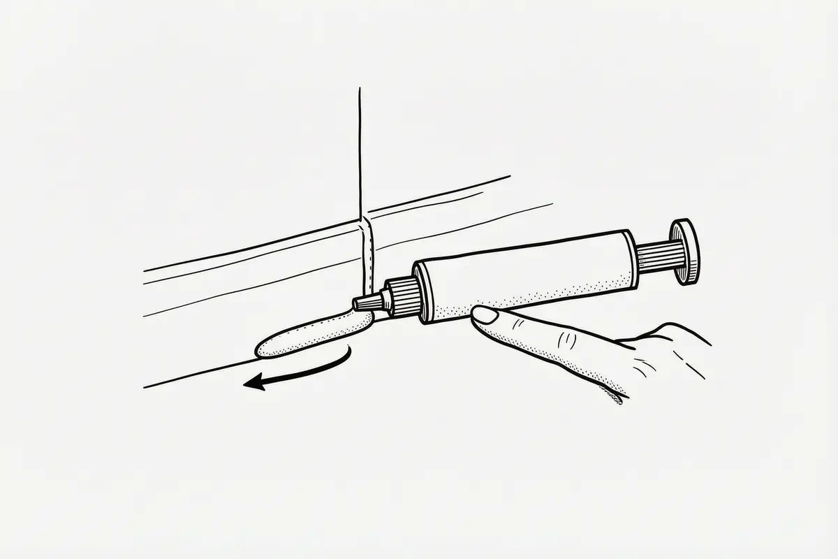 Diagram of a caulking gun laying a bead of decorator's caulk along the joint where a skirting board meets the wall, a fingertip smoothing the bead behind it