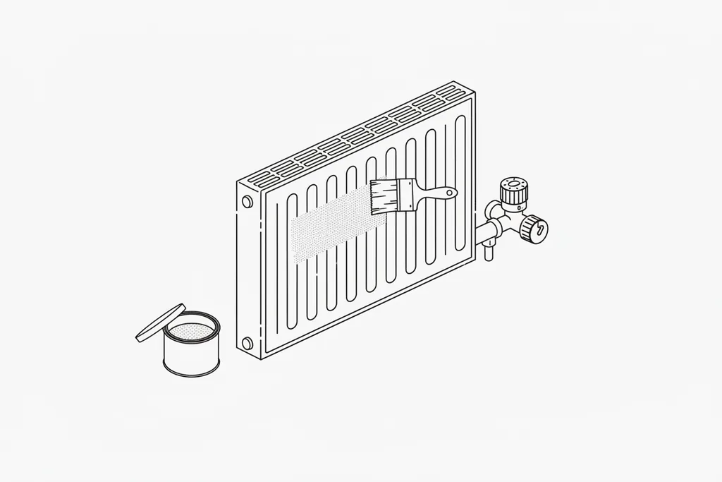 Minimalist black line-art of a panel radiator with a paintbrush laying a stroke across it, a small open paint tin...