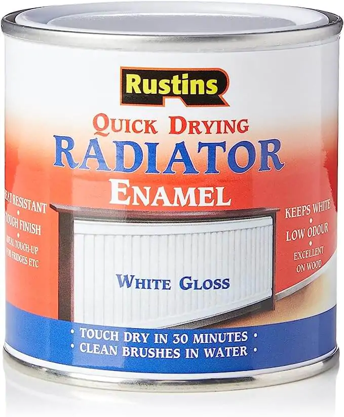 A can of Rustins Quick Drying Radiator Enamel in white gloss. The label highlights features like heat resistance and quick drying in 30 minutes.