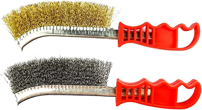 Two wire brushes with red plastic handles; one has brass bristles, and the other has steel bristles.