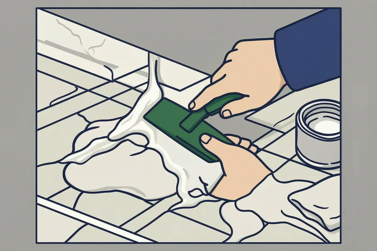 A hand in a dark sleeve lifting softened paint from a patterned tiled floor with a plastic scraper