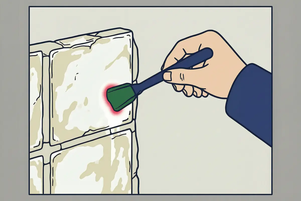 A hand in a dark sleeve pressing a lead test swab onto an old painted tile