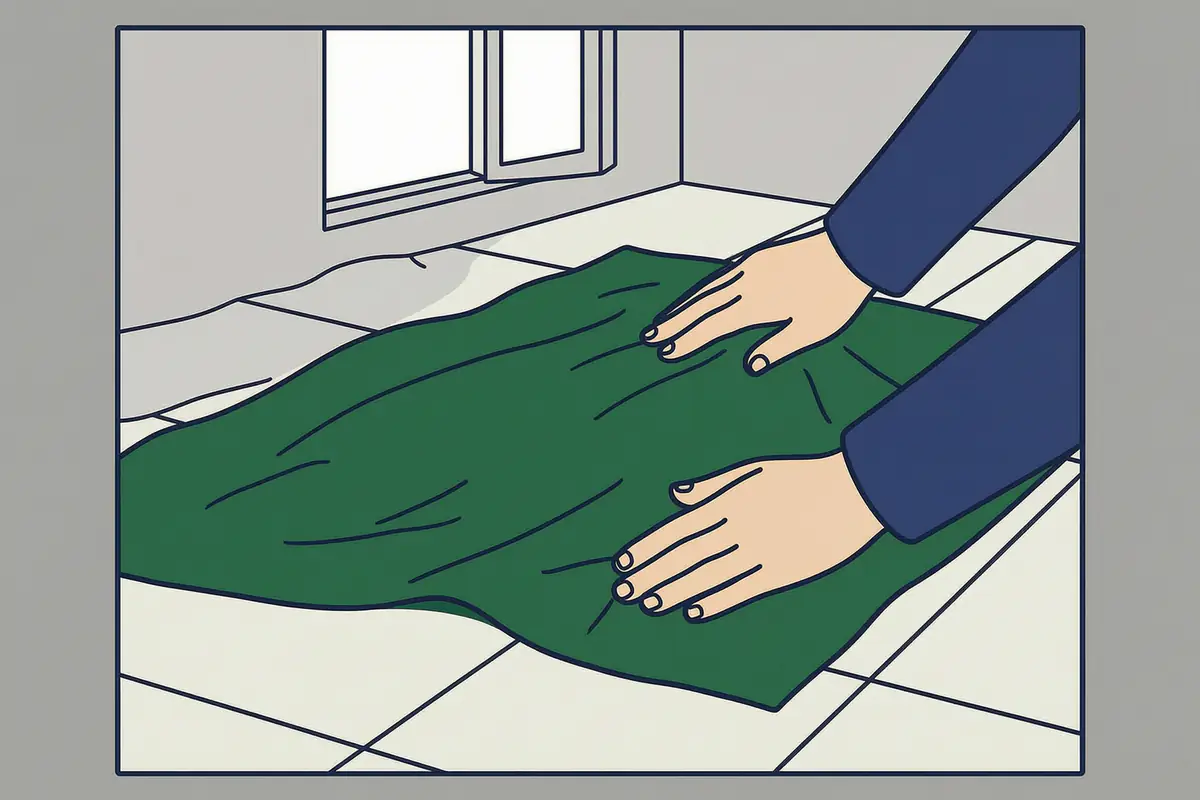 Hands in dark sleeves laying a dust sheet across a tiled floor with a window open behind