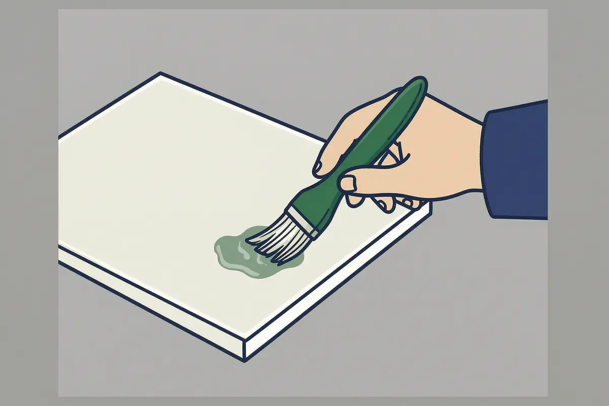 A hand in a dark sleeve dabbing stripper onto one corner tile as a test patch