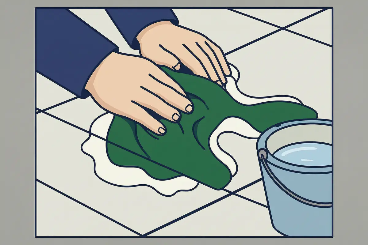 Hands in dark sleeves wiping stripped tiles with a wet cloth beside a bucket of water