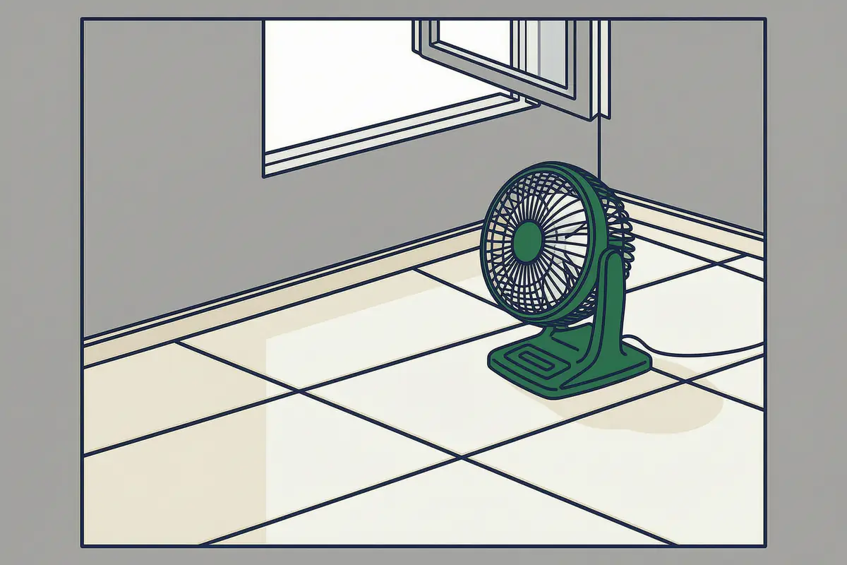 A clean patterned tiled floor drying with a window open and a small fan on the floor
