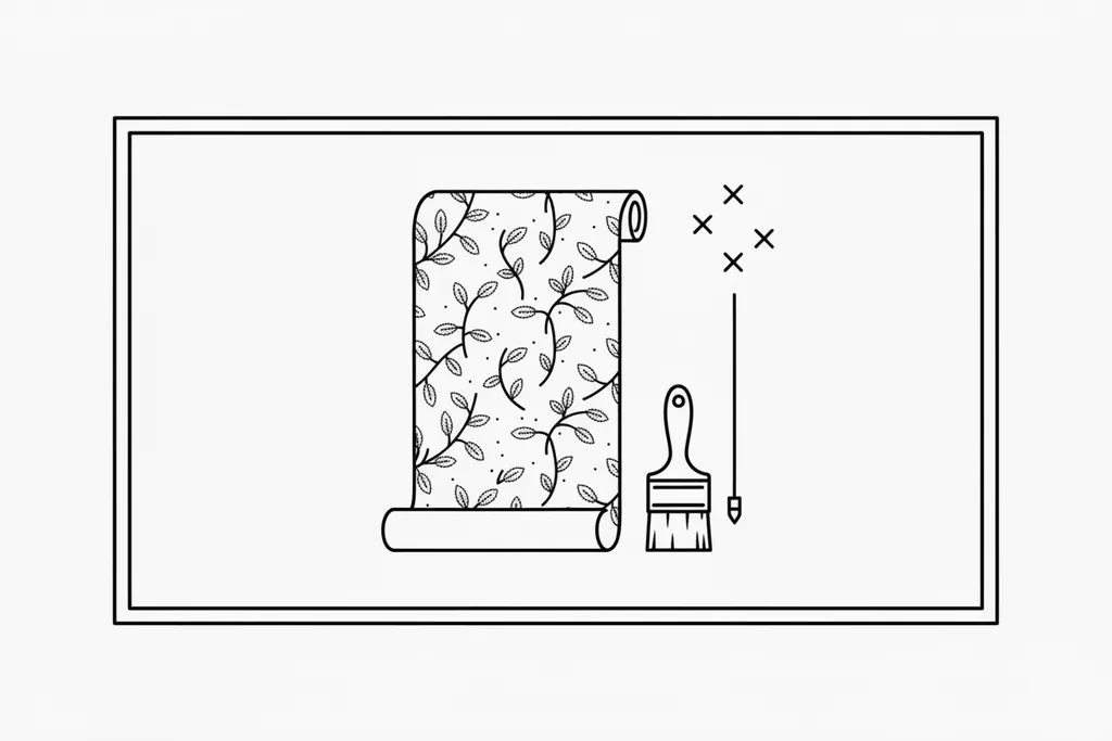 Black line-art of a roll of patterned wallpaper beside a wide brush, illustrating wallpaper removal and preparation.