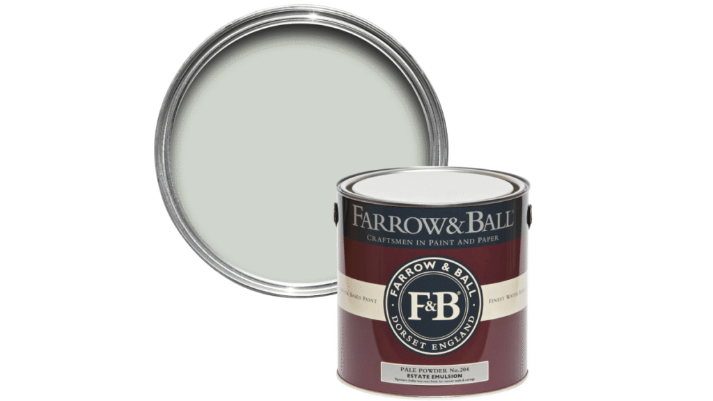 An open tin of Farrow & Ball Modern Emulsion in "Pale Powder No. 204", showing the light grey-green colour inside.