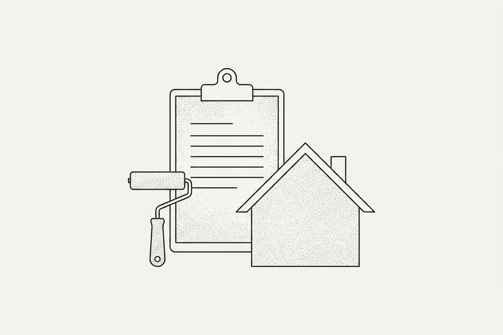 Line drawing of a painter and decorator writing up a quote in a Surrey living room