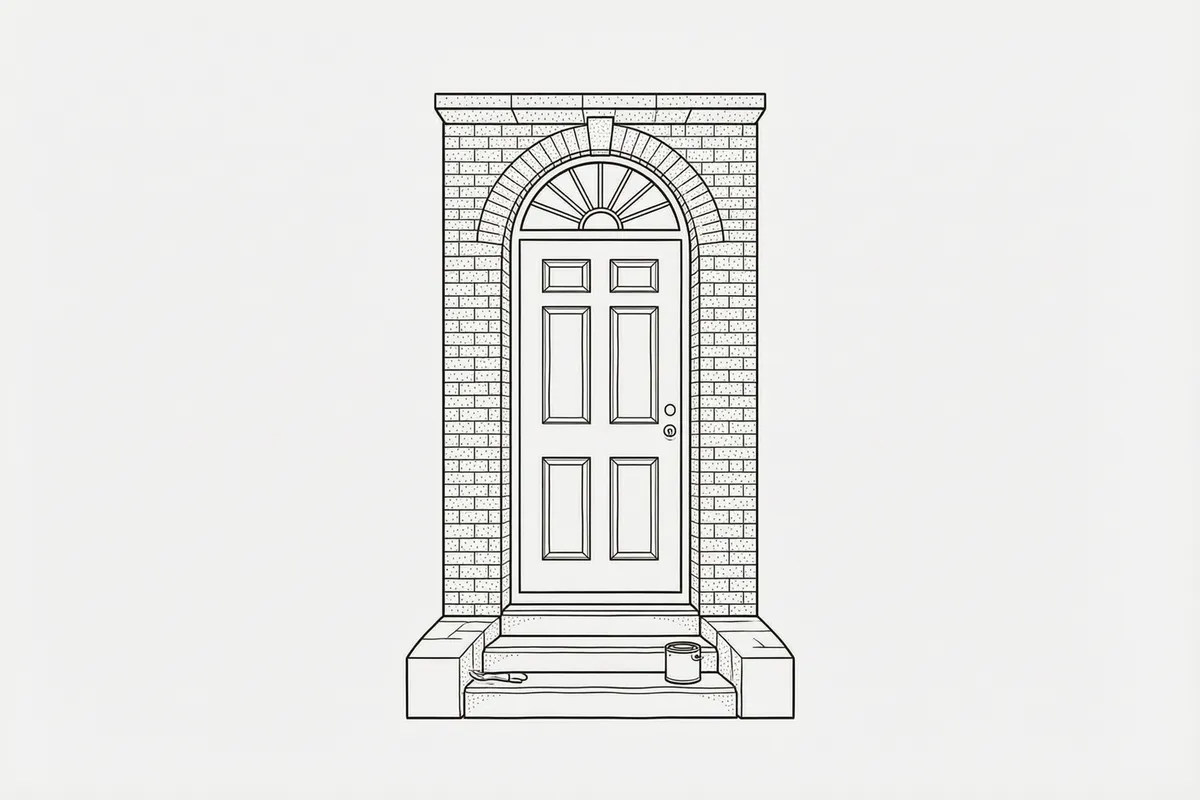 Line drawing of a panelled front door with a fanlight, set in a brick doorcase with stone steps