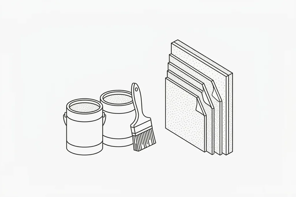A single continuous black line-art scene: a decorator brushing a base coat onto a bare timber door leaf, with two paint tins labelled at their feet.