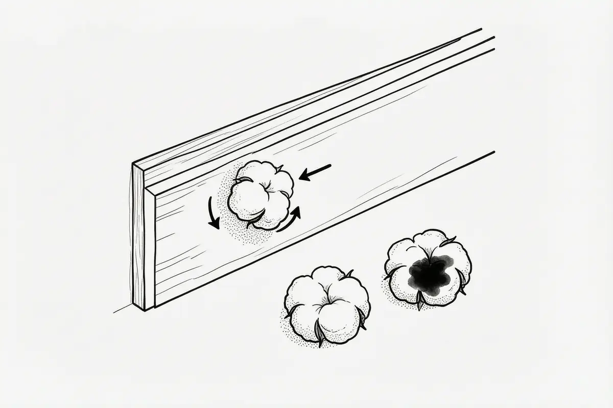 Diagram of a cotton wool ball dampened with methylated spirits being rubbed on a small patch of painted skirting, a small arrow showing the circular rub, a clean ball and a stained ball shown side by side