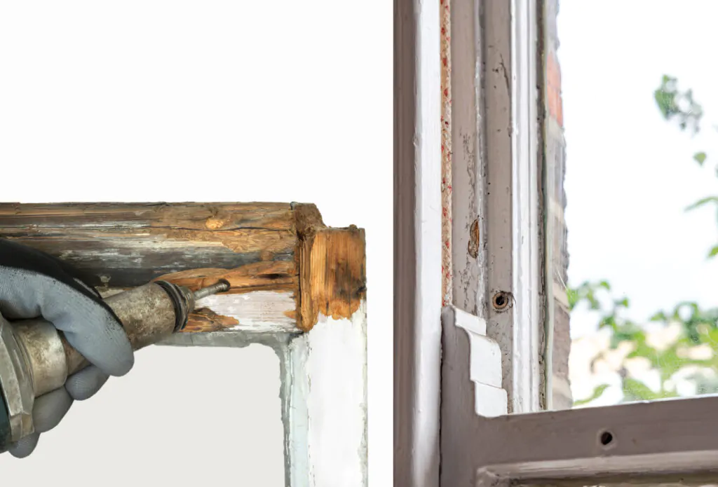 Rotten timber window frame being repaired before repainting