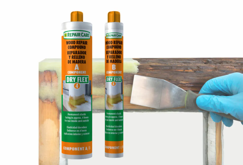 Dry Flex resin being applied to repair a damaged window frame