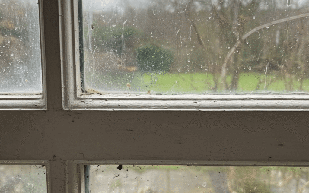 A close-up view of a dirty sash window with raindrops on the glass, looking out onto a blurry green landscape—highlighting the potential for sash window restoration.