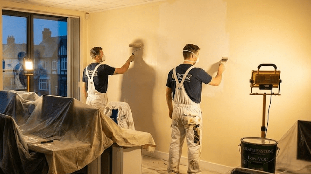 Two painters in overalls and masks use rollers to paint a beige wall white as they prepare the home for interior decorating, with furniture covered and work lights illuminating the room.