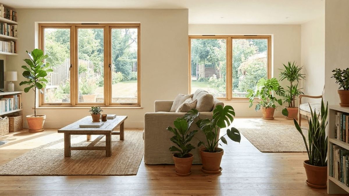 Bright living room with large windows, light-colored sofas, wooden furniture, wallpaper restoration details, indoor plants, bookshelves, and a view of a garden outside.