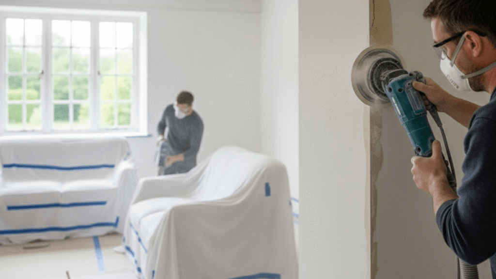 Two people prepare home for interior decorating, one sanding a wall and the other cleaning; furniture is covered with sheets and tape for protection.