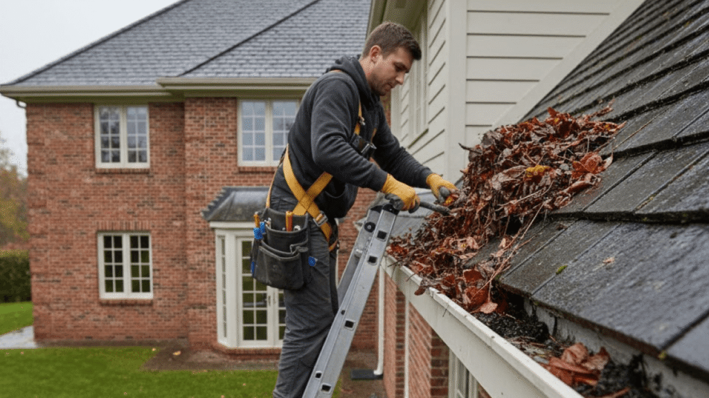 A man standing on a ladder removes wet leaves from a house gutter with gloved hands, preparing Winter-Ready Exteriors; he is outfitted in work gear and a tool belt.