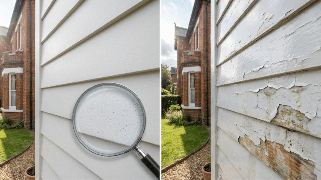 Side-by-side comparison of house siding: left highlights clean, intact panels with a magnifying glass and Winter-Ready Exteriors, right shows weathered siding with peeling paint and visible damage.