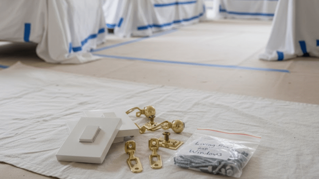 Brass hardware, a light switch cover, and a labeled bag of screws are laid out on a drop cloth in a room prepared to prepare the home for interior decorating, with furniture neatly covered in sheets.