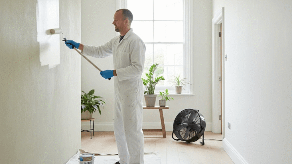 A man wearing a white coverall and blue gloves uses a paint roller to paint a wall, working on wallpaper restoration in a bright room with plants and a fan.