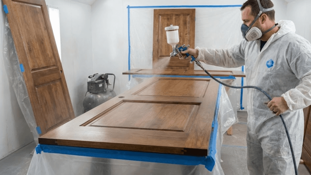 A person in protective gear spray paints a wooden door in a workshop, using plastic sheets and painter's tape to prepare the home for interior decorating and ensure the area is well-protected.